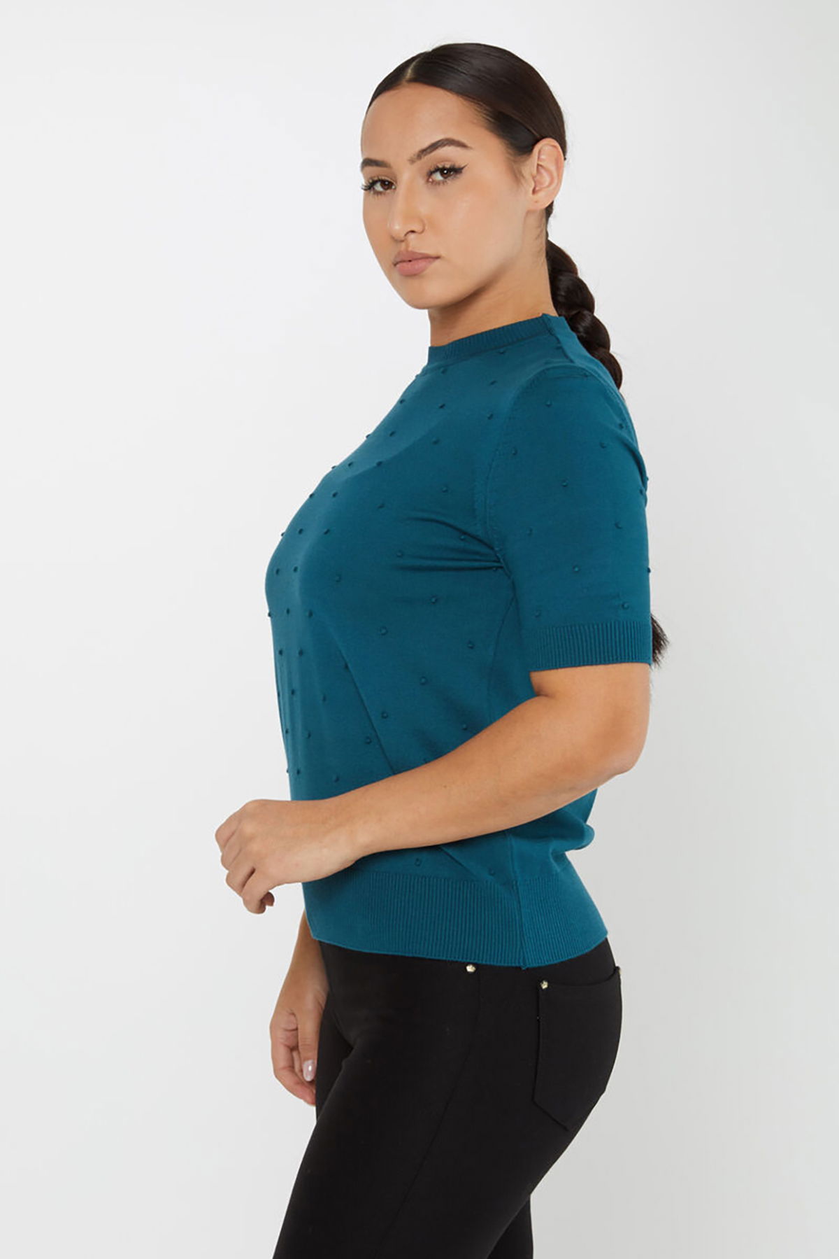 Kazee Kadın Kendinden Dokumalı Amerikan Model Kısa Kol Triko Kazak 30131 Petrol - 2