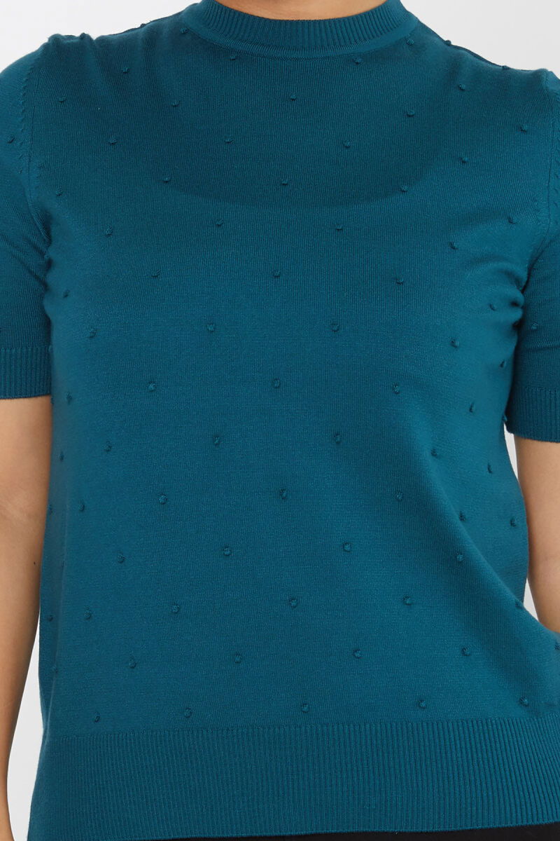 Kazee Kadın Kendinden Dokumalı Amerikan Model Kısa Kol Triko Kazak 30131 Petrol - 3