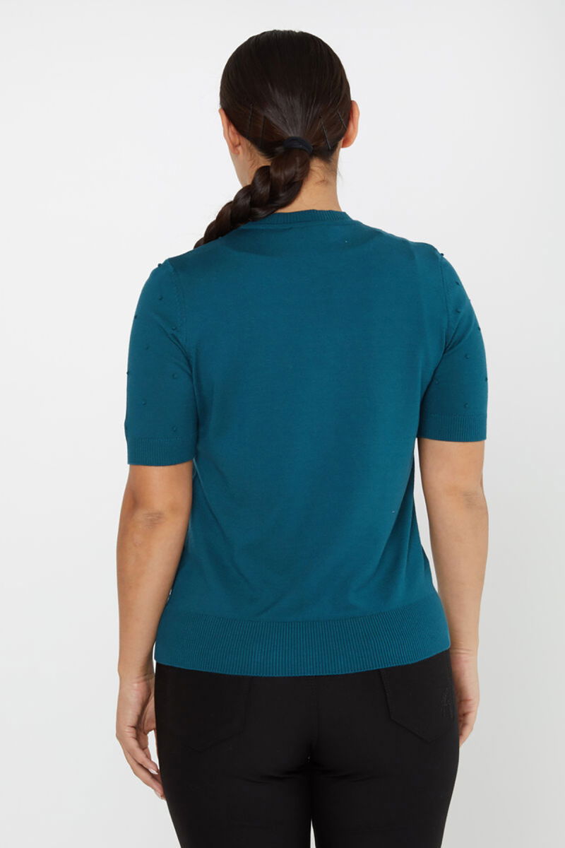 Kazee Kadın Kendinden Dokumalı Amerikan Model Kısa Kol Triko Kazak 30131 Petrol - 4