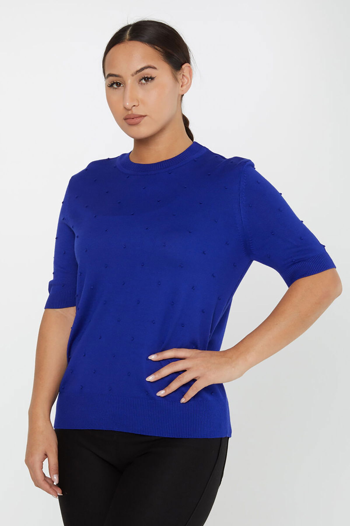 Kazee Kadın Kendinden Dokumalı Amerikan Model Kısa Kol Triko Kazak 30131 Saks - 2