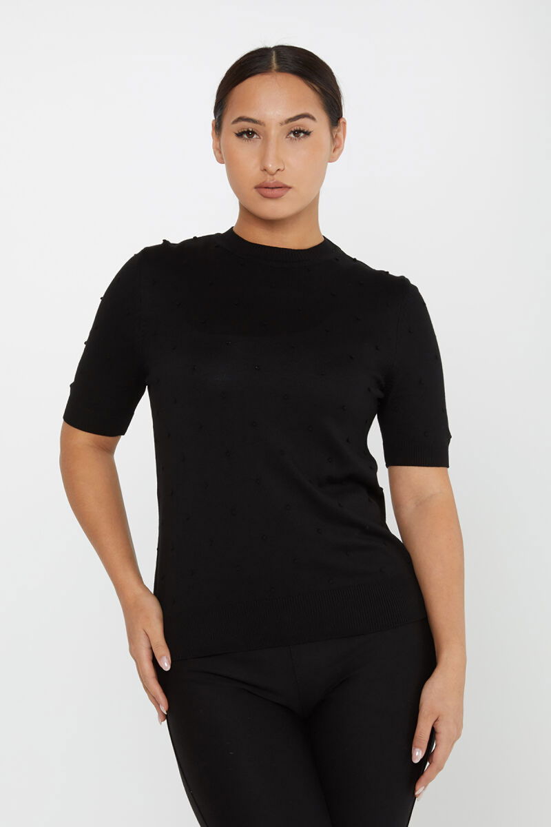 Kazee Kadın Kendinden Dokumalı Amerikan Model Kısa Kol Triko Kazak 30131 Siyah - Kazee