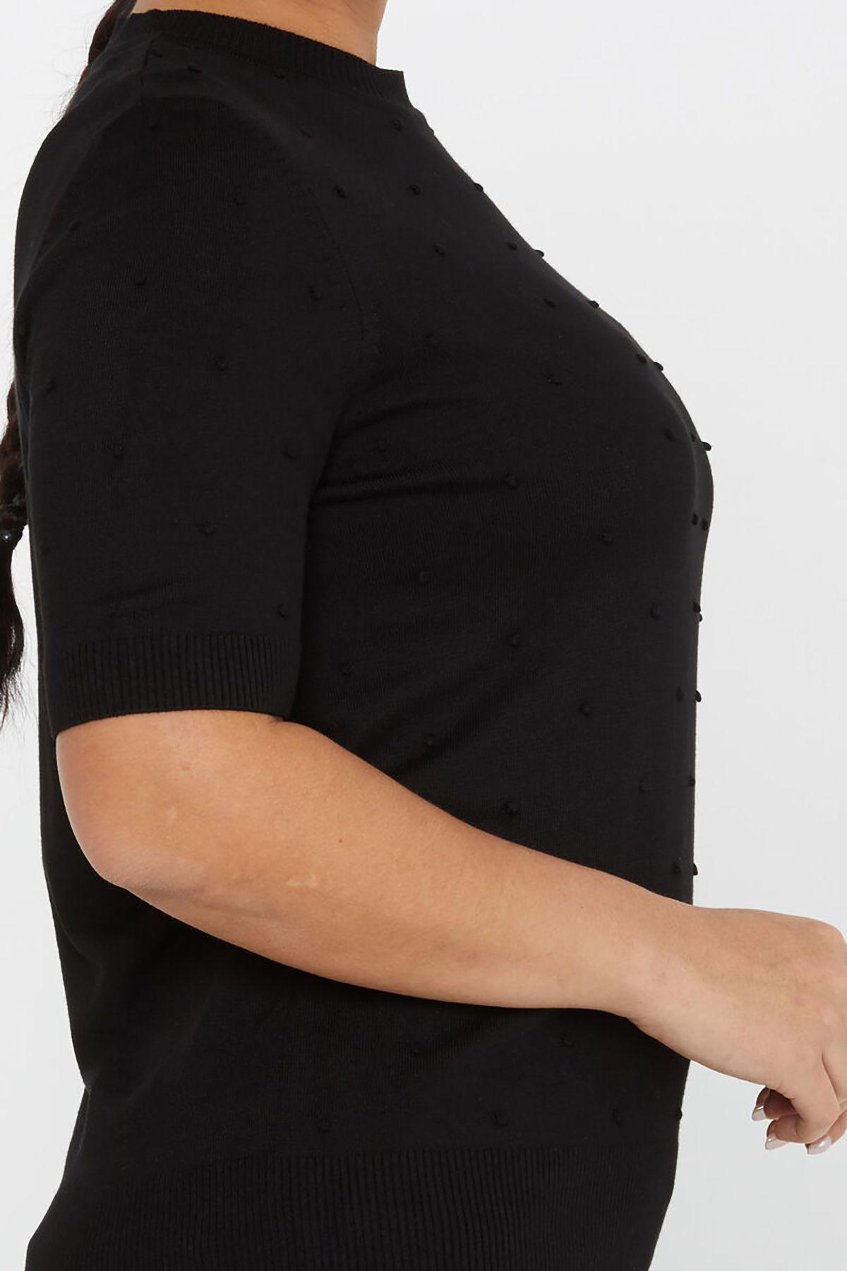 Kazee Kadın Kendinden Dokumalı Amerikan Model Kısa Kol Triko Kazak 30131 Siyah - 2