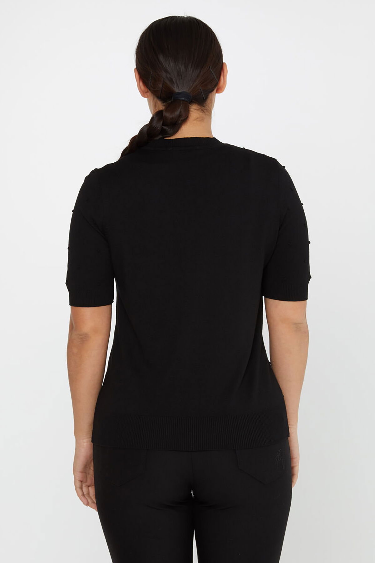 Kazee Kadın Kendinden Dokumalı Amerikan Model Kısa Kol Triko Kazak 30131 Siyah - 3