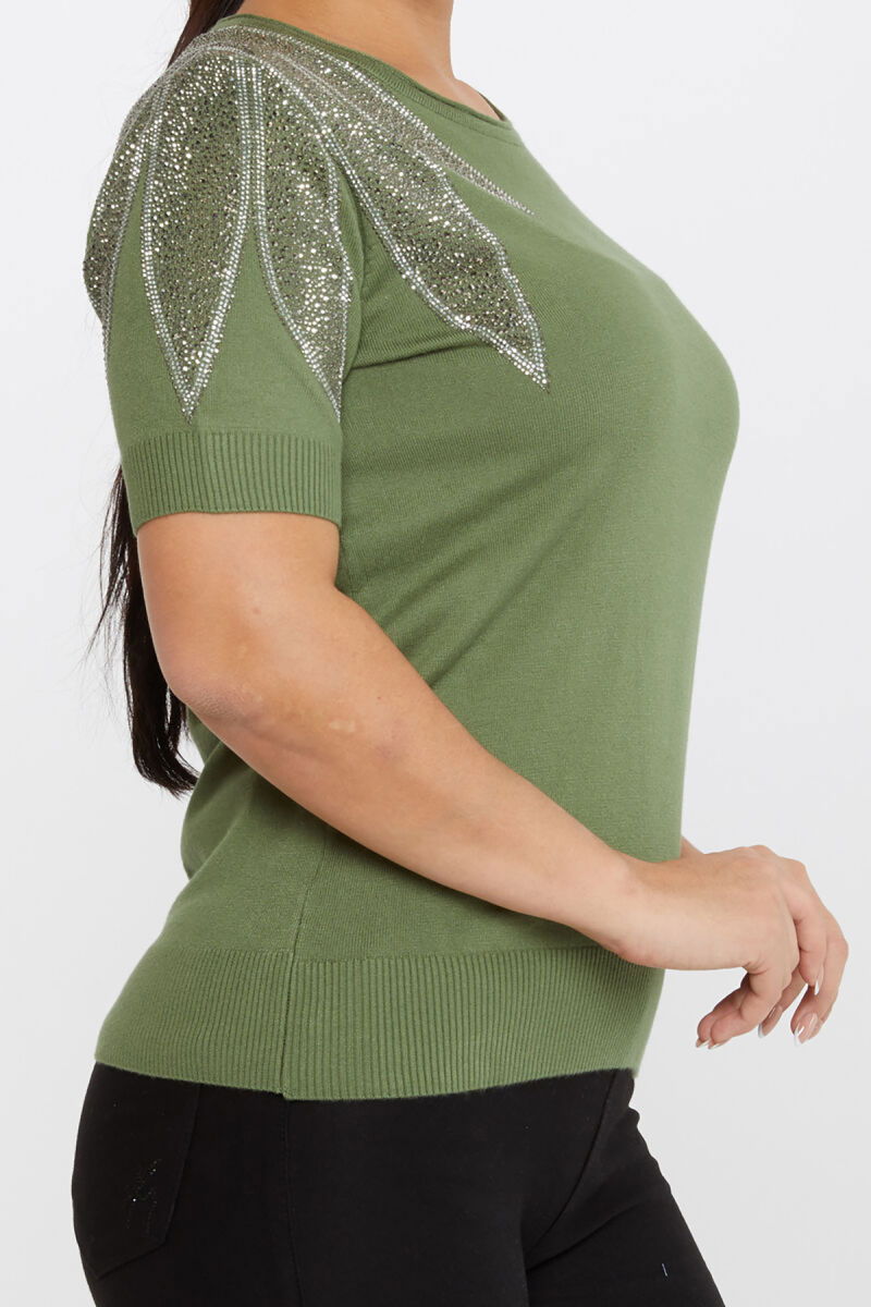 Kazee Kadın Taş Detaylı Kısa Kollu Triko Kazak 30792 Haki - 2