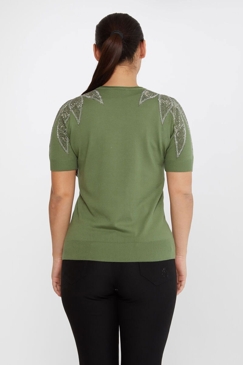 Kazee Kadın Taş Detaylı Kısa Kollu Triko Kazak 30792 Haki - 3