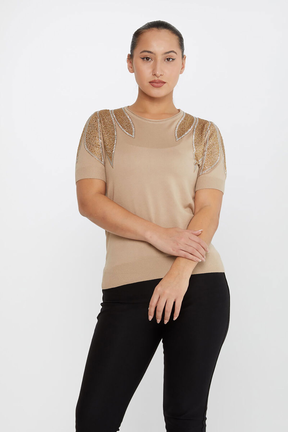 Kazee Kadın Taş Detaylı Kısa Kollu Triko Kazak 30792 Vizon - 1