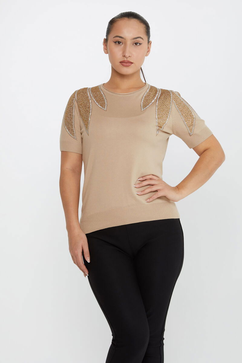 Kazee Kadın Taş Detaylı Kısa Kollu Triko Kazak 30792 Vizon - 2