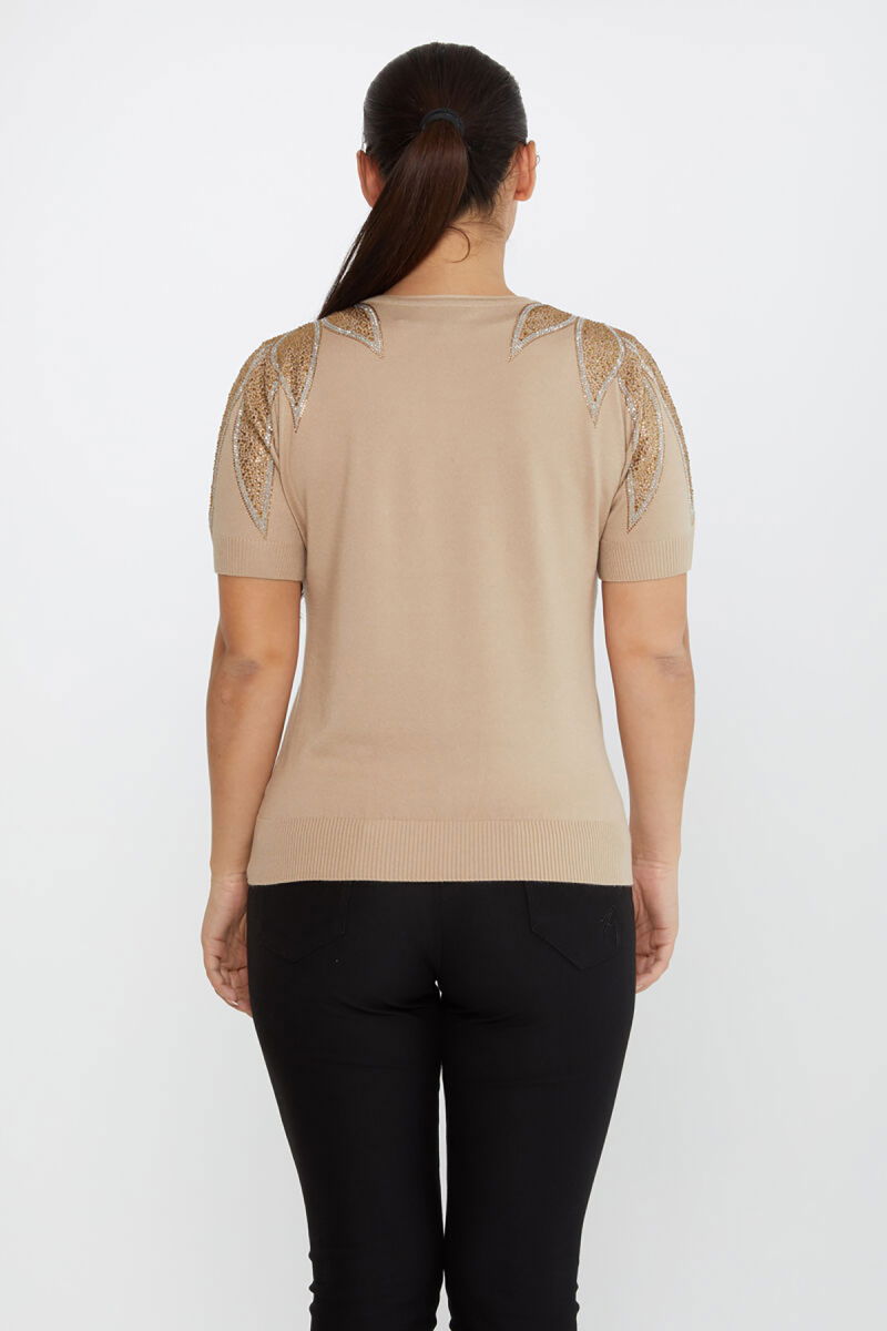 Kazee Kadın Taş Detaylı Kısa Kollu Triko Kazak 30792 Vizon - 4
