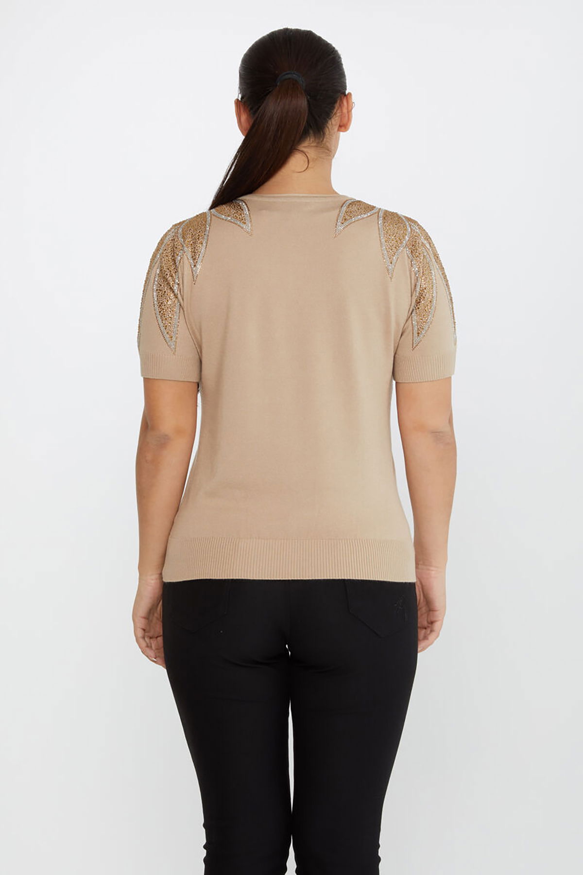 Kazee Kadın Taş Detaylı Kısa Kollu Triko Kazak 30792 Vizon - 4