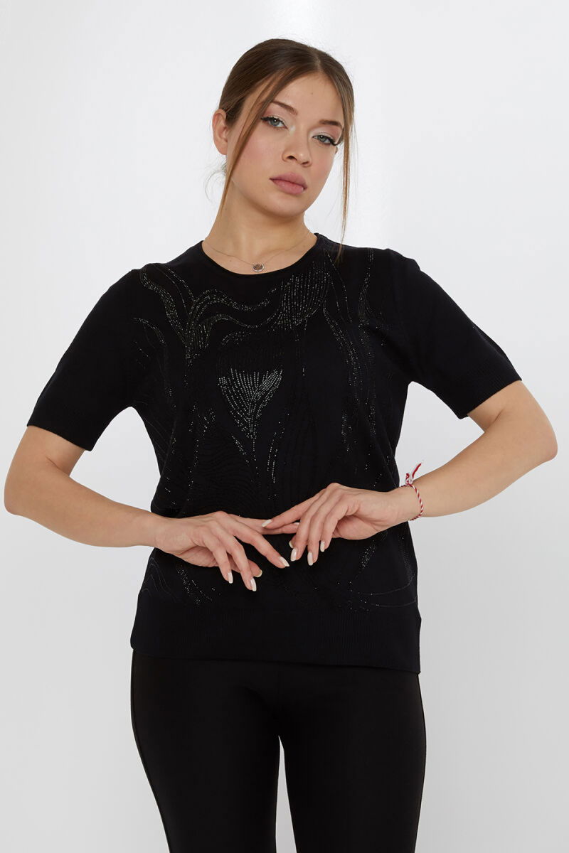 Kazee Kadın Taş Süslemeli Amerikan Model Kısa Kollu Triko Kazak 30315 Siyah - Kazee