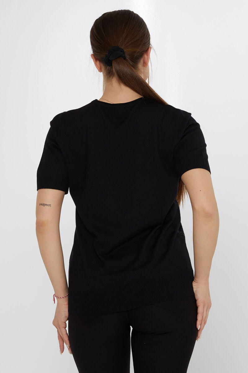 Kazee Kadın Taş Süslemeli Amerikan Model Kısa Kollu Triko Kazak 30315 Siyah - 4