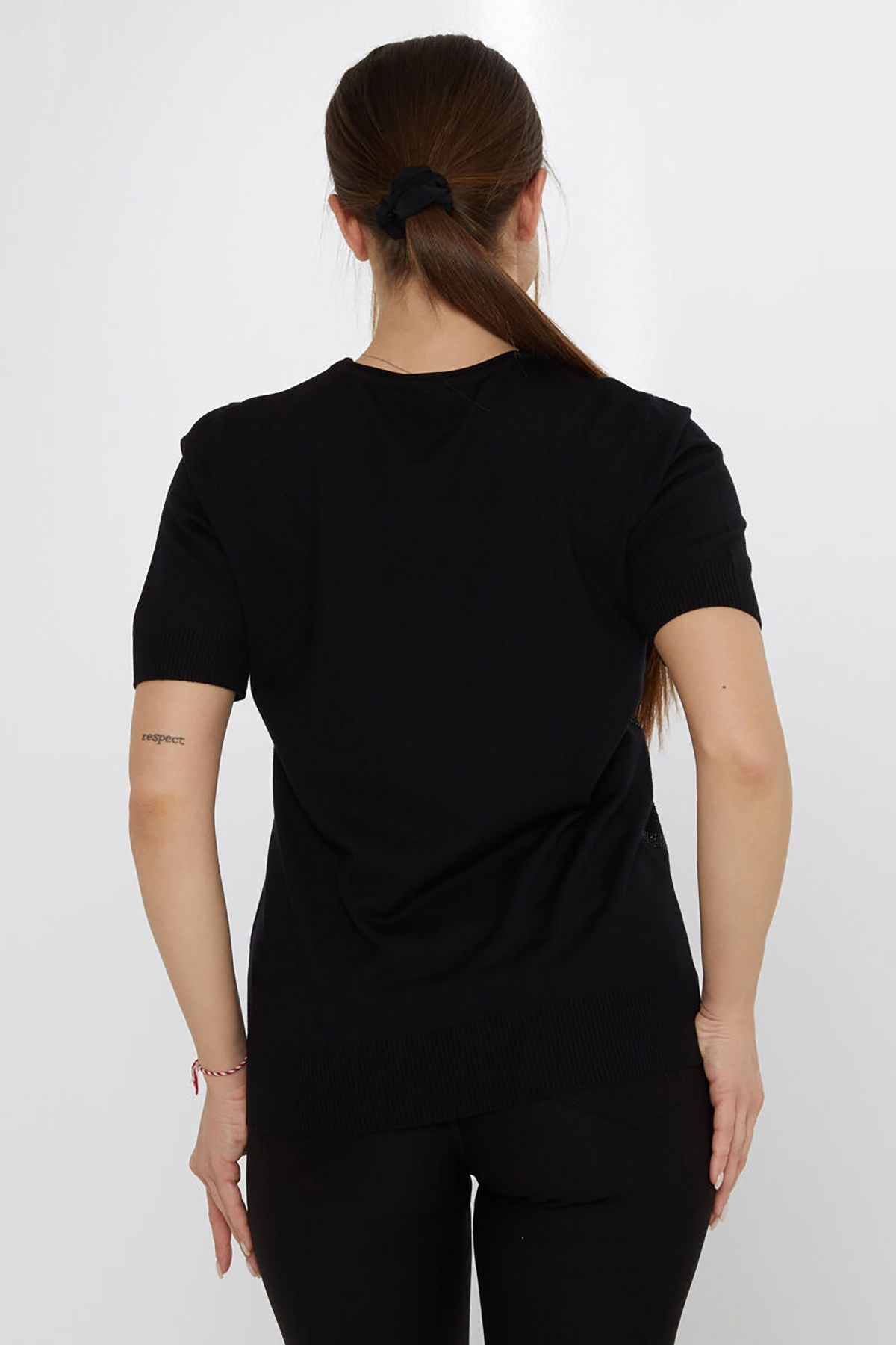 Kazee Kadın Taş Süslemeli Amerikan Model Kısa Kollu Triko Kazak 30315 Siyah - 4