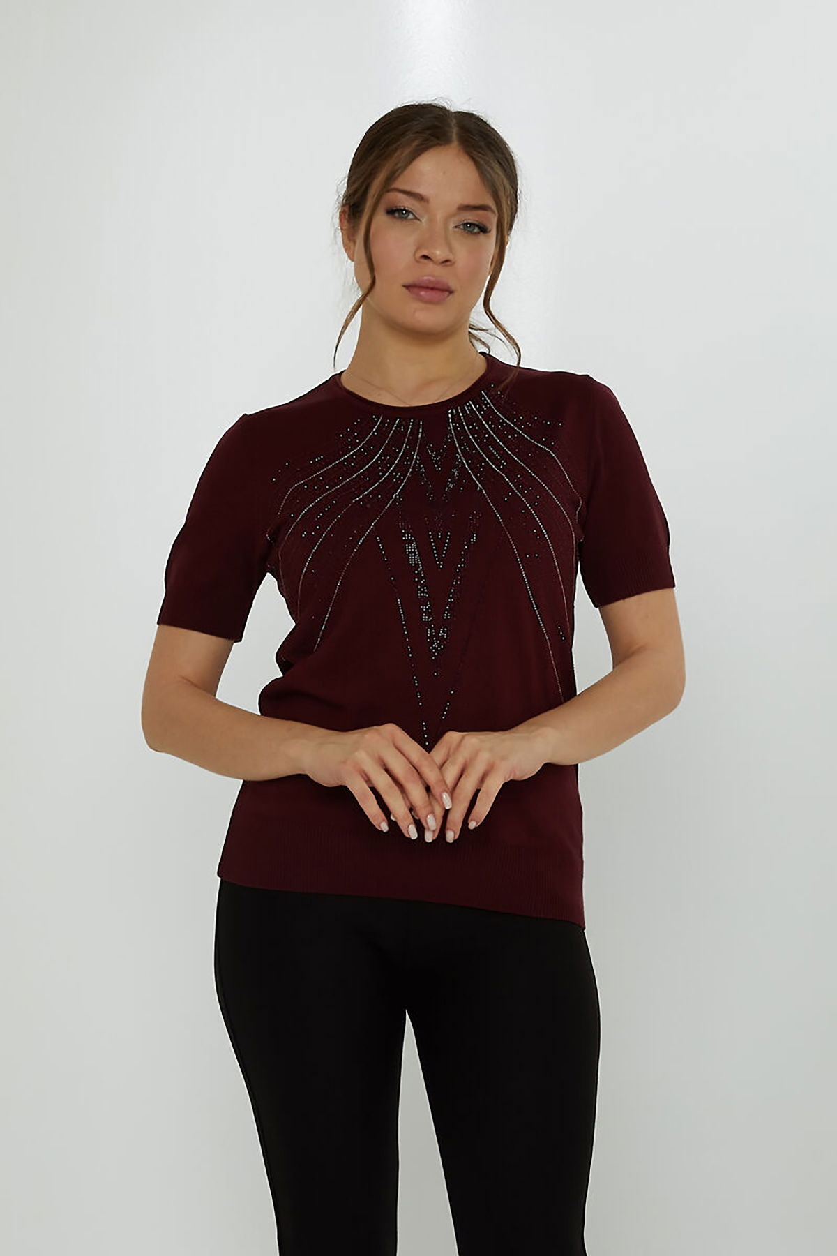 Kazee Kadın Taş Süslemeli Kısa Kollu Triko Kazak 31726 Mürdüm - 1