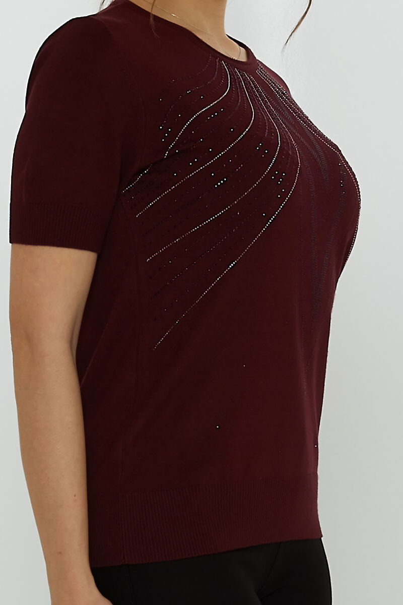 Kazee Kadın Taş Süslemeli Kısa Kollu Triko Kazak 31726 Mürdüm - 3