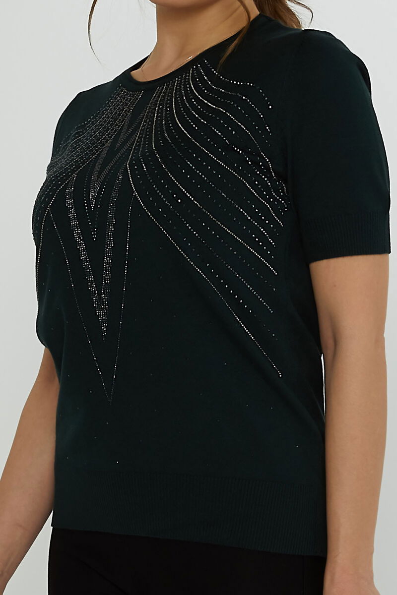 Kazee Kadın Taş Süslemeli Kısa Kollu Triko Kazak 31726 Nefti - 3