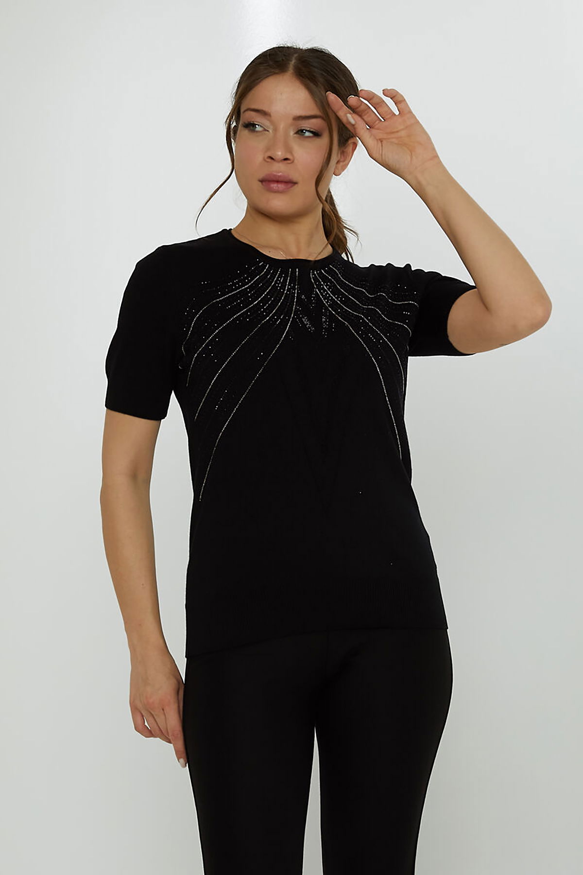 Kazee Kadın Taş Süslemeli Kısa Kollu Triko Kazak 31726 Siyah - 2