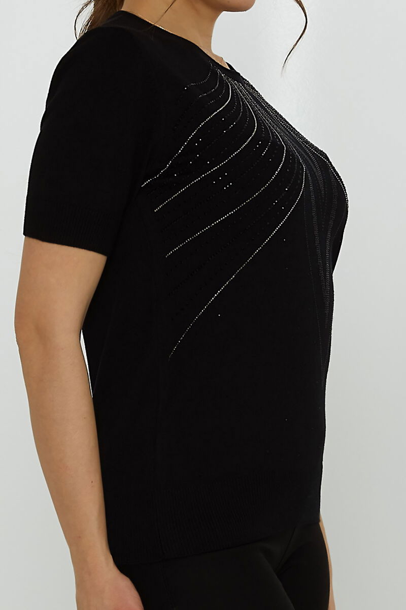 Kazee Kadın Taş Süslemeli Kısa Kollu Triko Kazak 31726 Siyah - 3