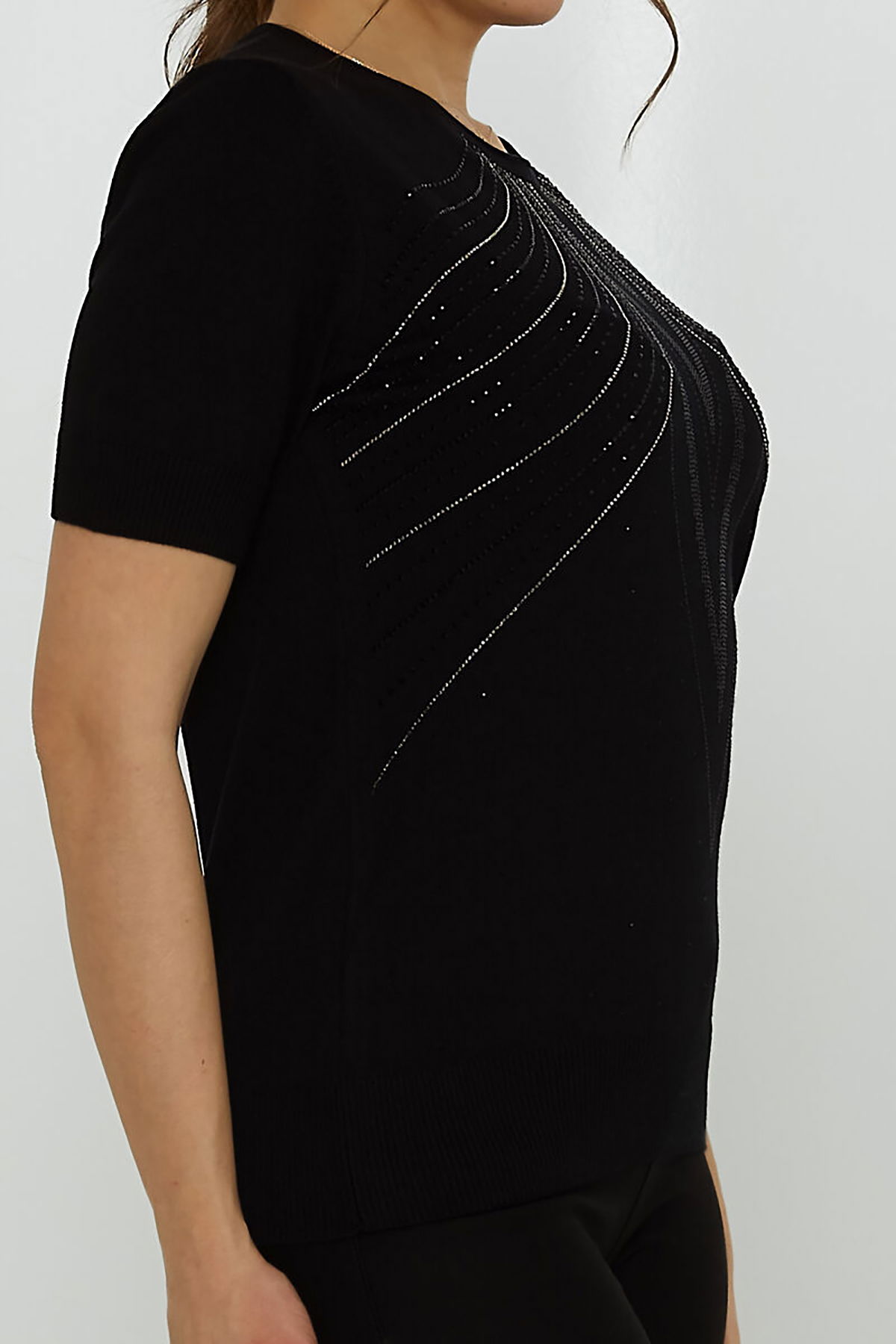 Kazee Kadın Taş Süslemeli Kısa Kollu Triko Kazak 31726 Siyah - 3