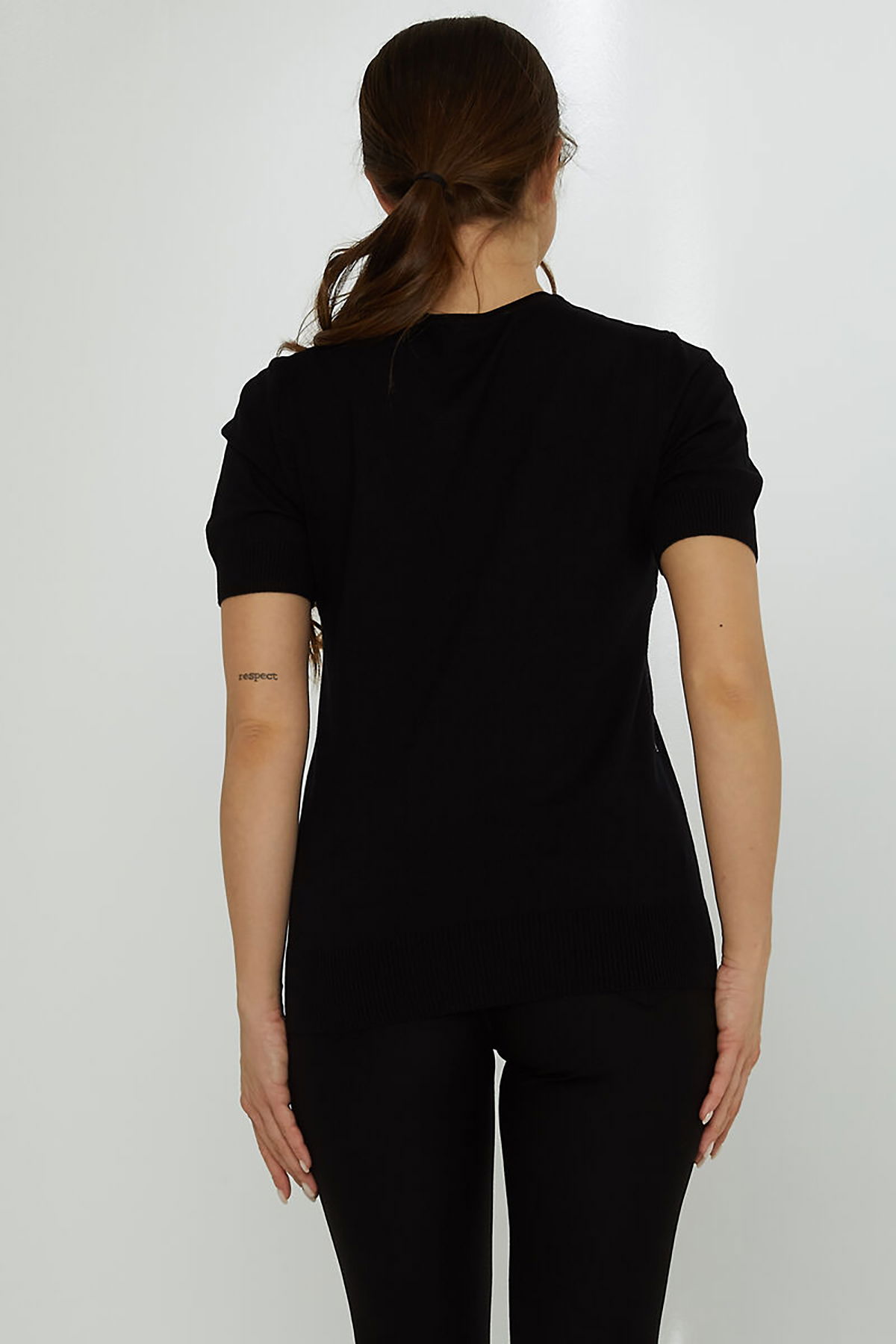 Kazee Kadın Taş Süslemeli Kısa Kollu Triko Kazak 31726 Siyah - 4