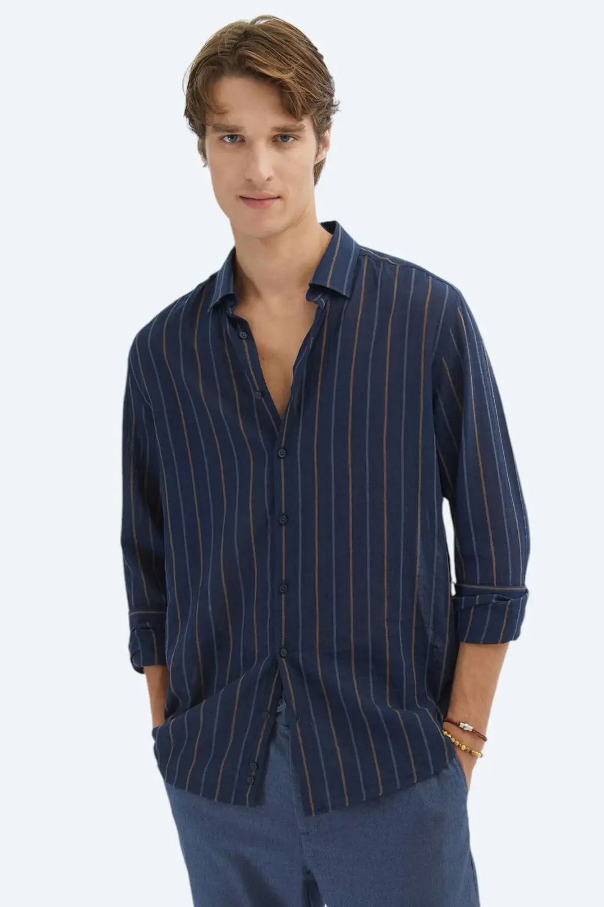 Kip Erkek Çizgili Regular Fit Dokuma Casual Pamuk Karışımlı Gömlek GM-5776 Lacivert - 1