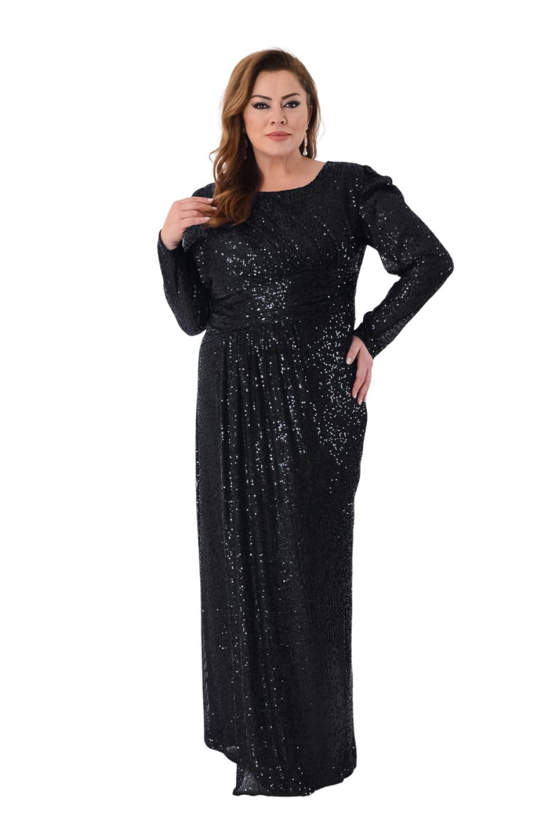 Lilas XXL Kadın Büyük Beden Full Pul Payet İşlemeli Uzun Abiye Elbise 2482 Siyah - Lilas XXL