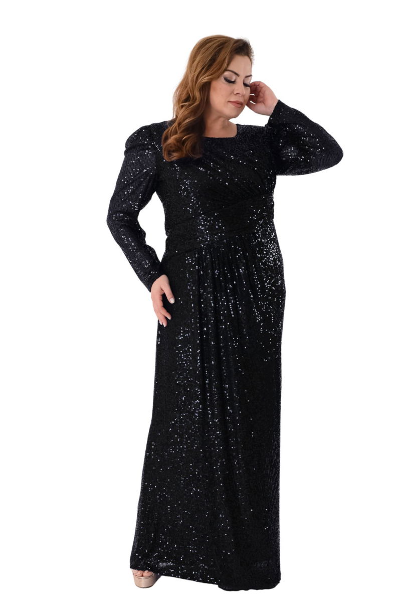 Lilas XXL Kadın Büyük Beden Full Pul Payet İşlemeli Uzun Abiye Elbise 2482 Siyah - 2