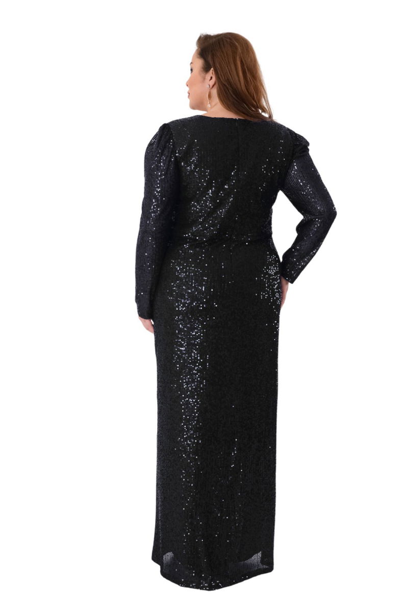 Lilas XXL Kadın Büyük Beden Full Pul Payet İşlemeli Uzun Abiye Elbise 2482 Siyah - 4