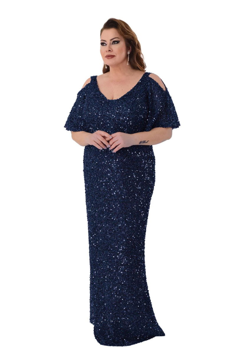Lilas XXL Kadın Büyük Beden Full Pul Payet İşlemeli Yarım Kol Maxi Boy Abiye Elbise 2530 Lacivert - 2