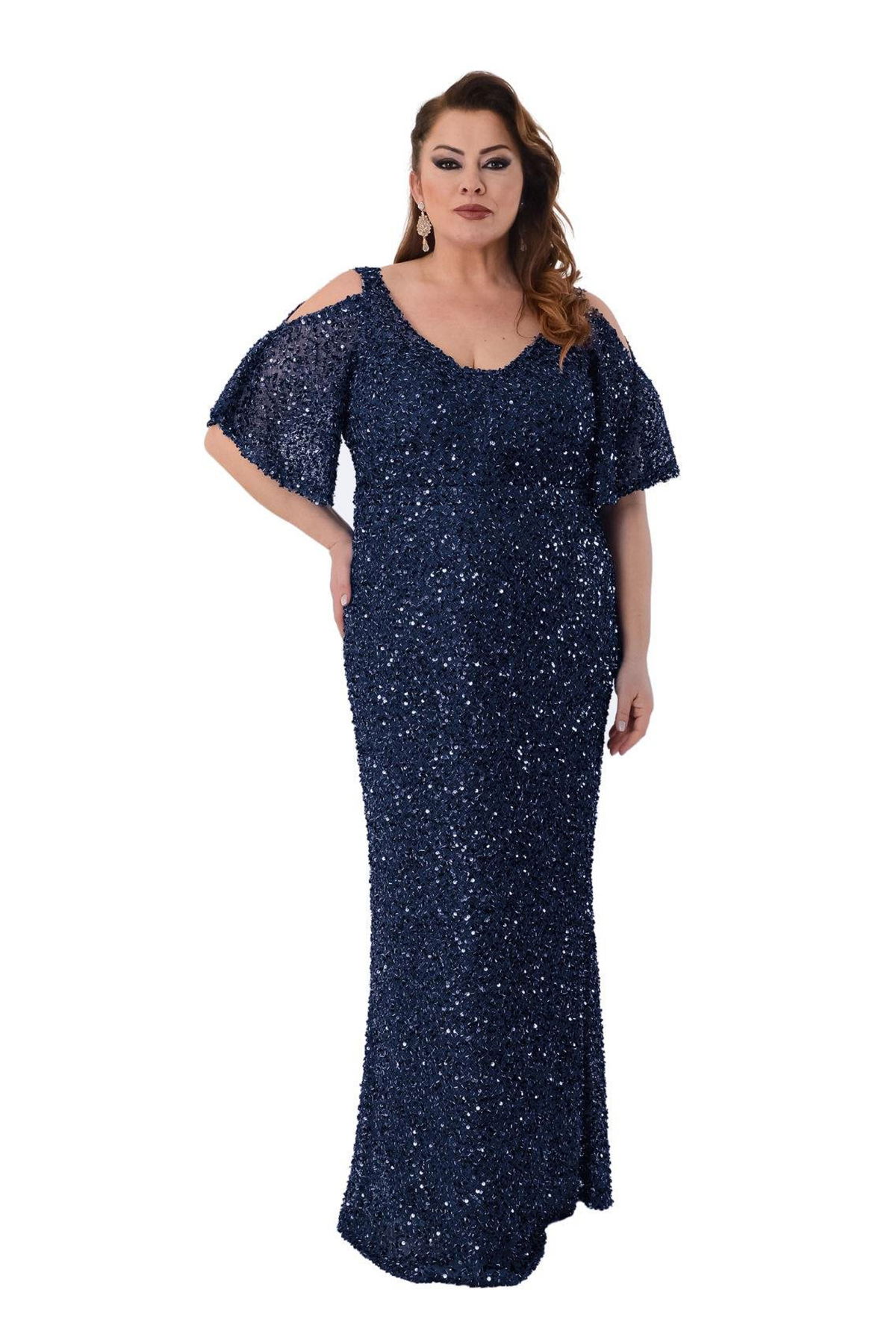 Lilas XXL Kadın Büyük Beden Full Pul Payet İşlemeli Yarım Kol Maxi Boy Abiye Elbise 2530 Lacivert - 3