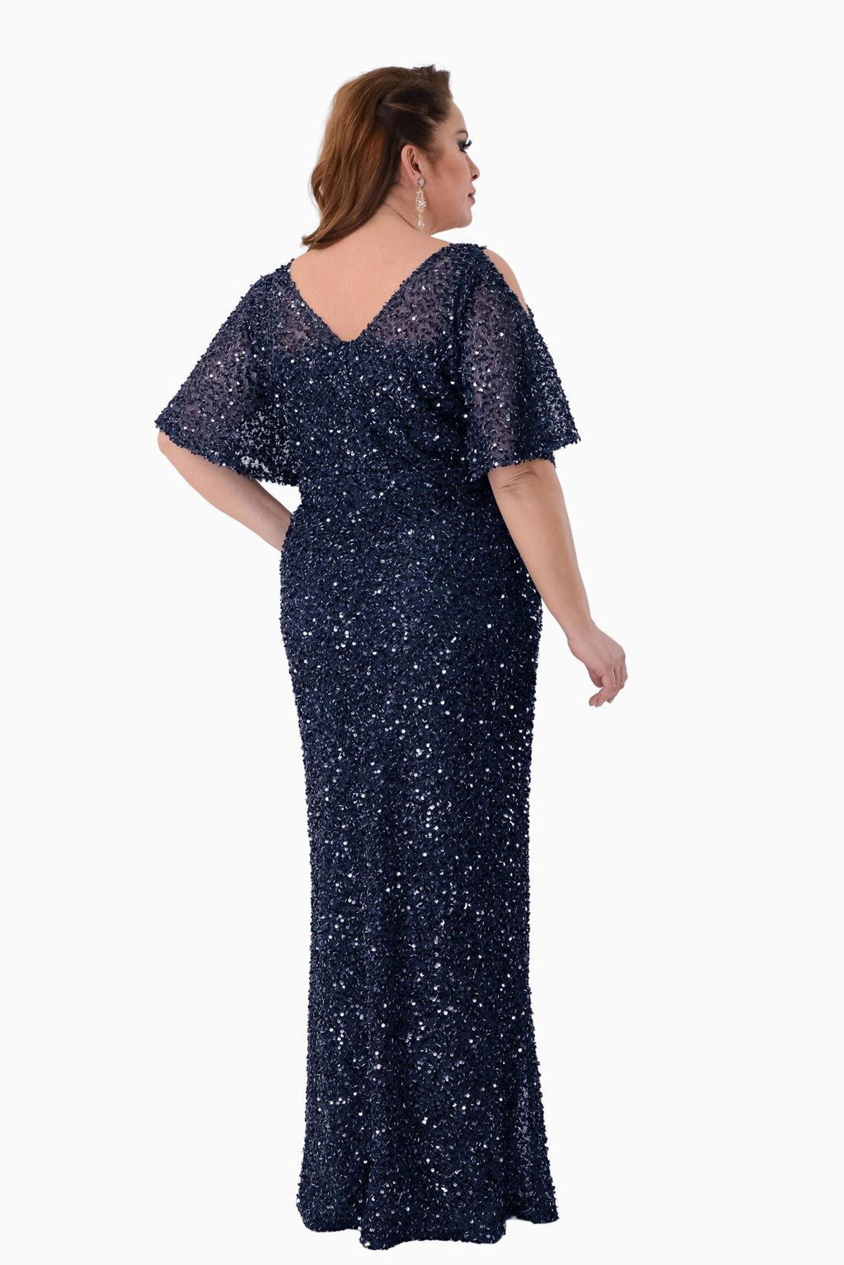 Lilas XXL Kadın Büyük Beden Full Pul Payet İşlemeli Yarım Kol Maxi Boy Abiye Elbise 2530 Lacivert - 4
