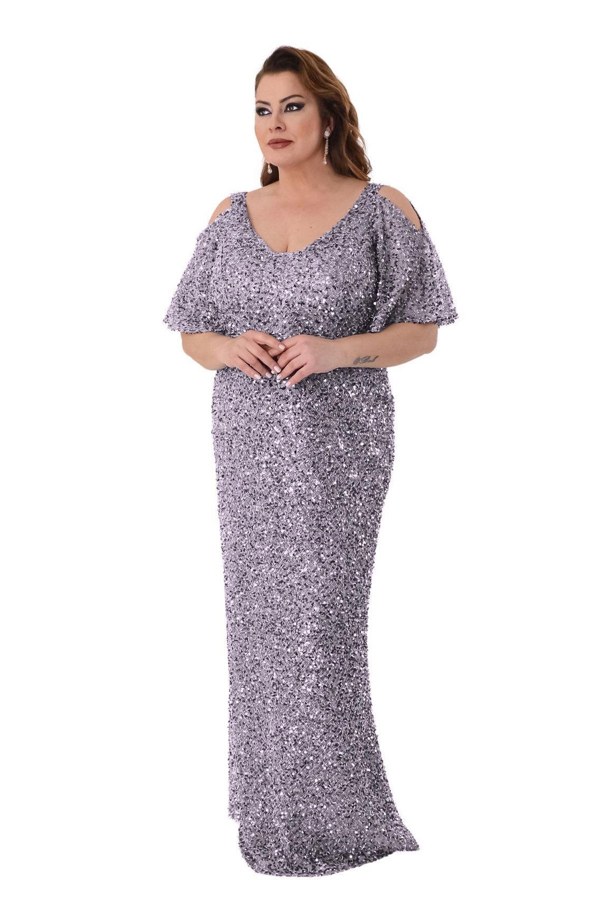 Lilas XXL Kadın Büyük Beden Full Pul Payet İşlemeli Yarım Kol Maxi Boy Abiye Elbise 2530 Lila - 2