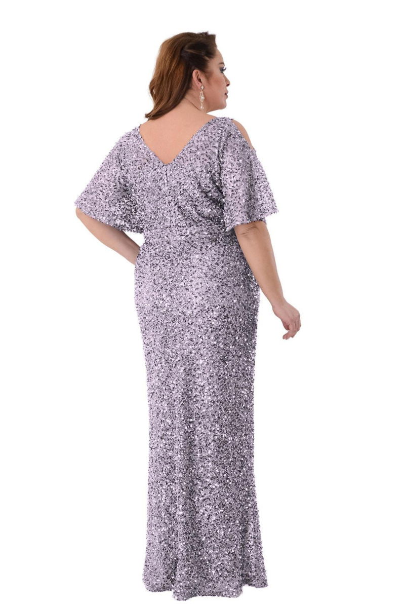 Lilas XXL Kadın Büyük Beden Full Pul Payet İşlemeli Yarım Kol Maxi Boy Abiye Elbise 2530 Lila - 4