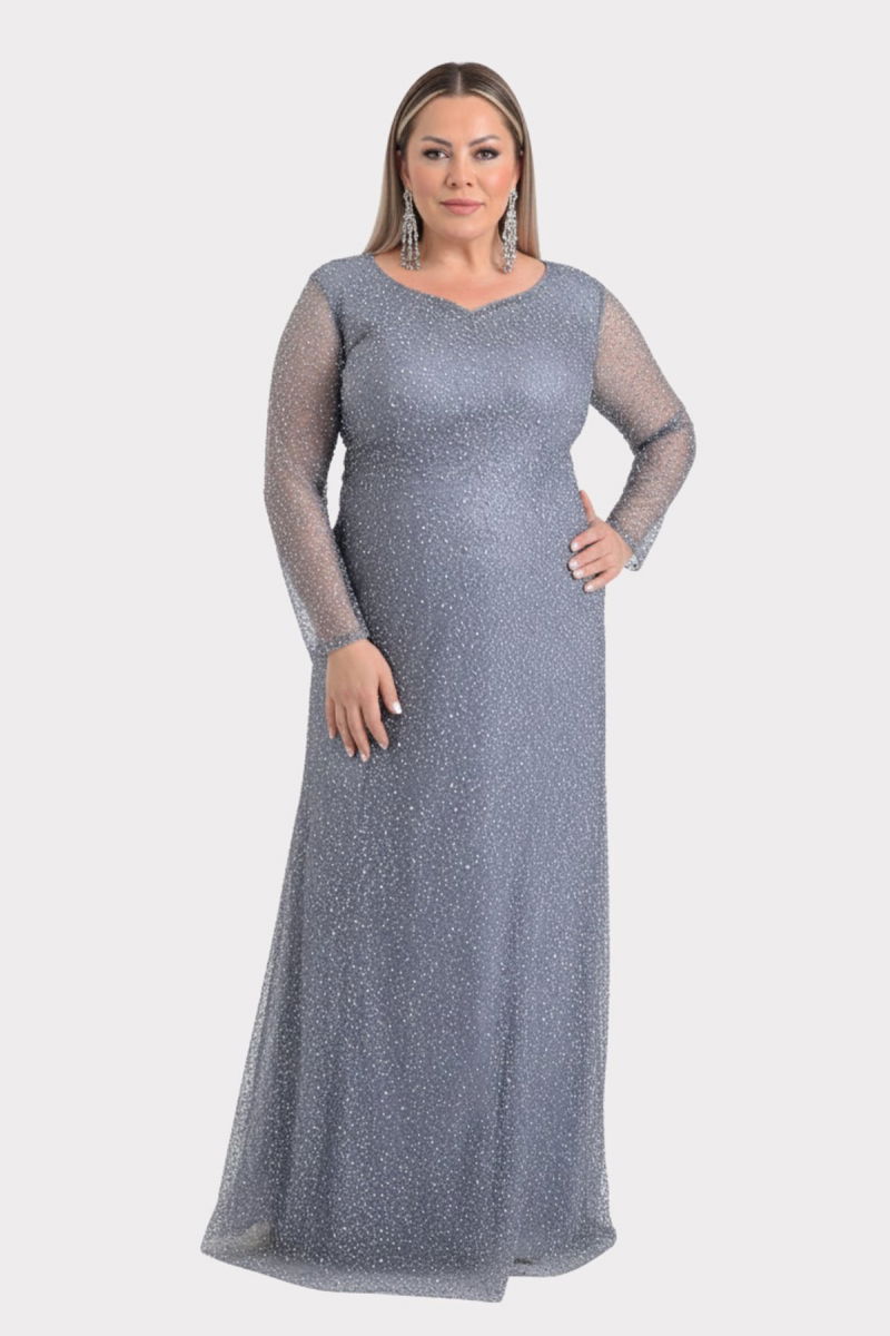 Lilas XXL Kadın Büyük Beden Kalp Yaka Uzun Kollu Abiye Elbise 9471 Gri - Lilas XXL