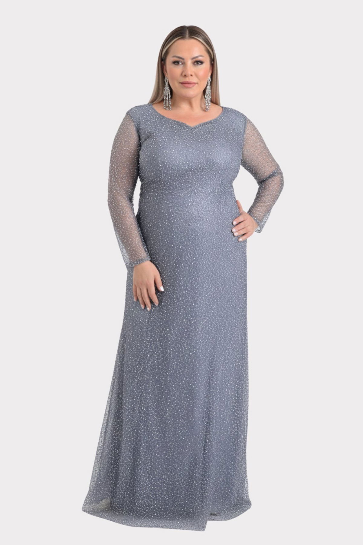 Lilas XXL Kadın Büyük Beden Kalp Yaka Uzun Kollu Abiye Elbise 9471 Gri - 1