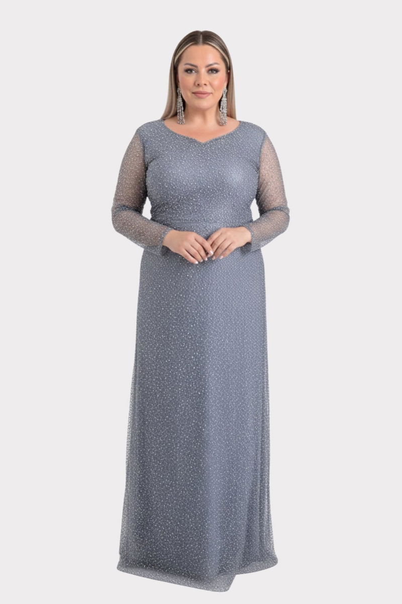 Lilas XXL Kadın Büyük Beden Kalp Yaka Uzun Kollu Abiye Elbise 9471 Gri - 2