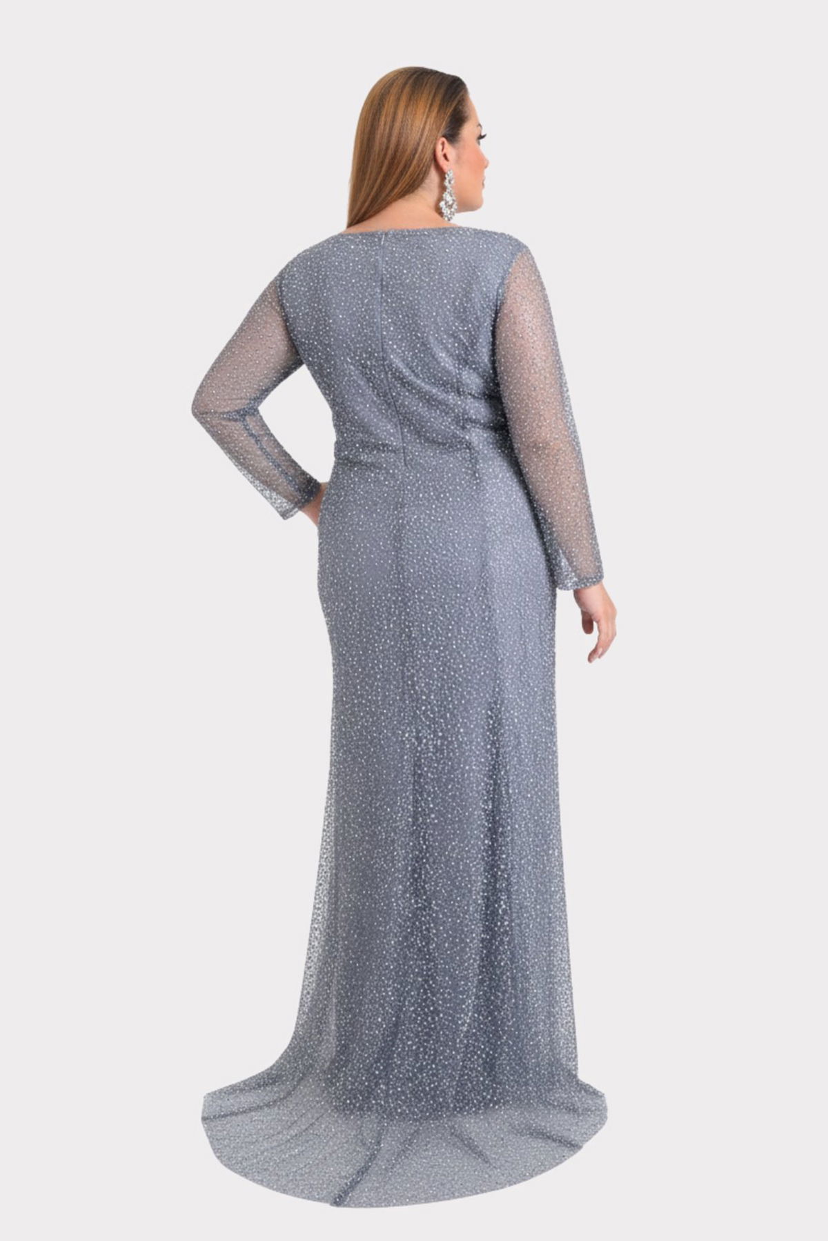 Lilas XXL Kadın Büyük Beden Kalp Yaka Uzun Kollu Abiye Elbise 9471 Gri - 4