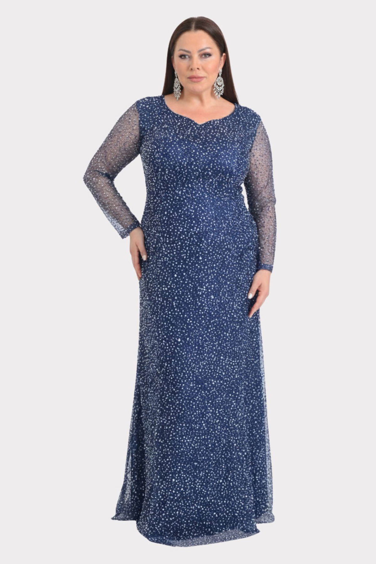 Lilas XXL Kadın Büyük Beden Kalp Yaka Uzun Kollu Abiye Elbise 9471 Lacivert - 1