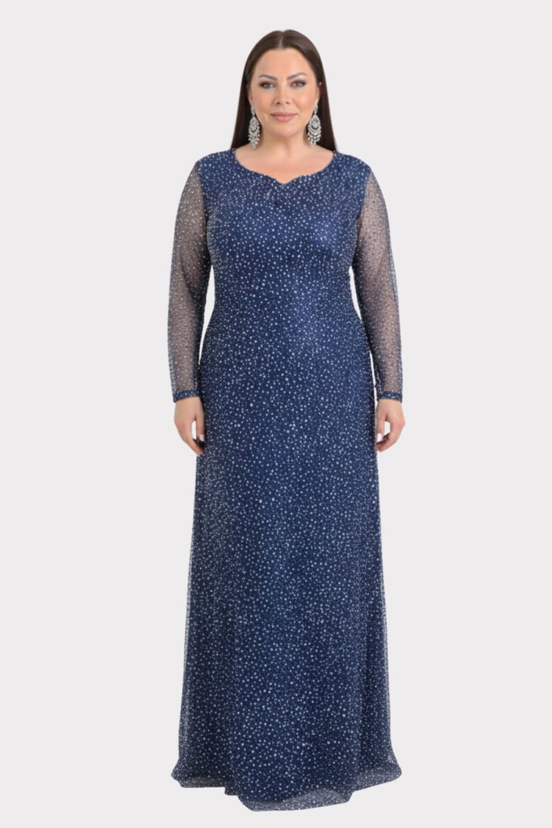 Lilas XXL Kadın Büyük Beden Kalp Yaka Uzun Kollu Abiye Elbise 9471 Lacivert - 3