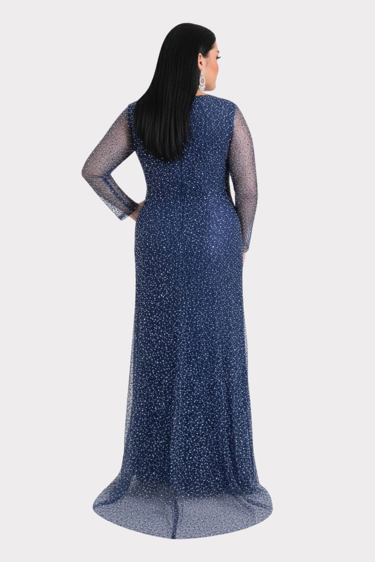 Lilas XXL Kadın Büyük Beden Kalp Yaka Uzun Kollu Abiye Elbise 9471 Lacivert - 4