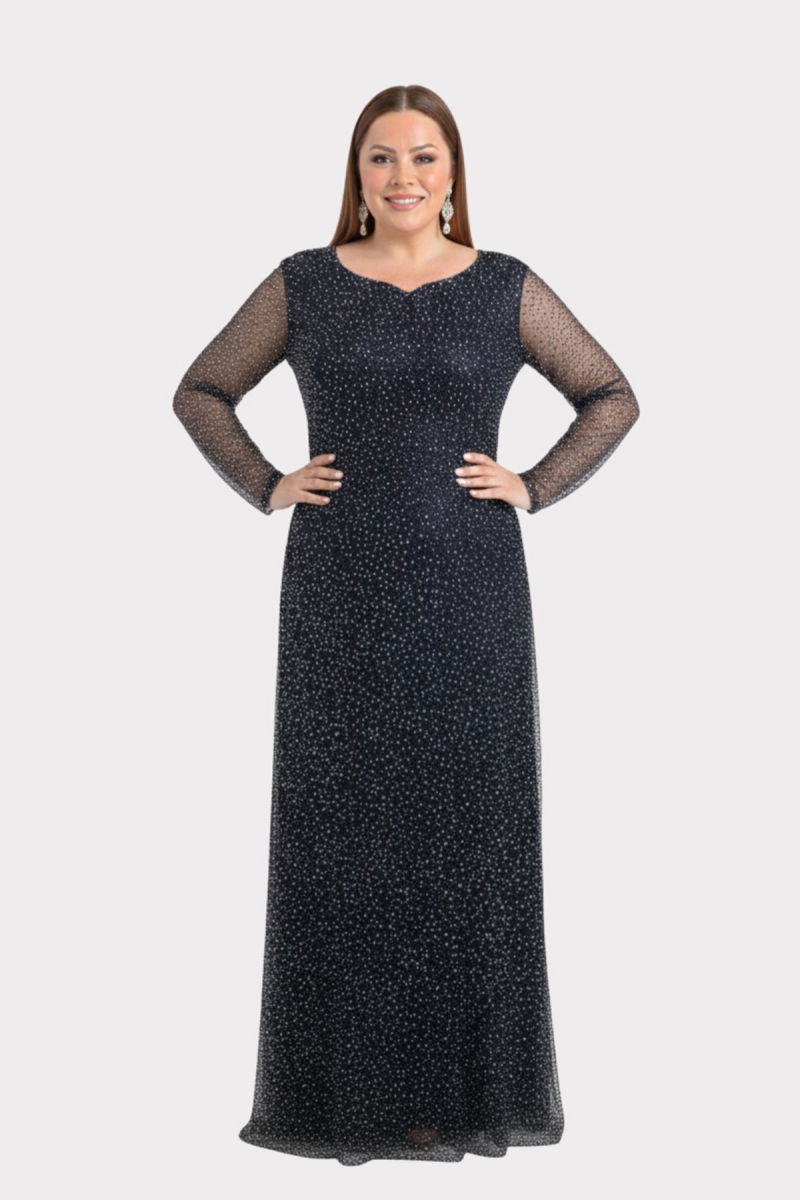 Lilas XXL Kadın Büyük Beden Kalp Yaka Uzun Kollu Abiye Elbise 9471 Siyah - 2