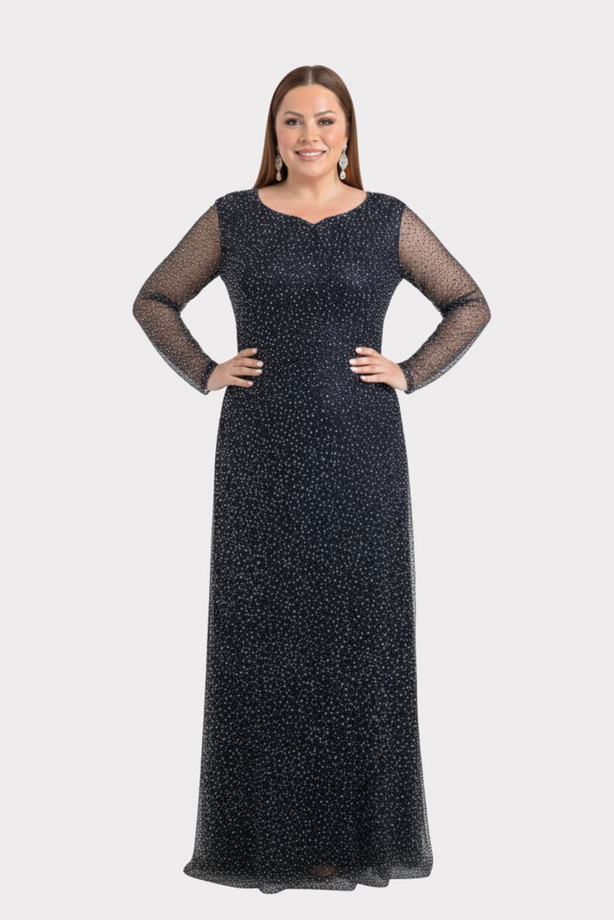 Lilas XXL Kadın Büyük Beden Kalp Yaka Uzun Kollu Abiye Elbise 9471 Siyah - 2