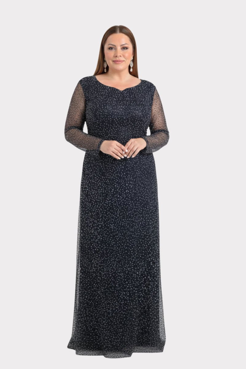 Lilas XXL Kadın Büyük Beden Kalp Yaka Uzun Kollu Abiye Elbise 9471 Siyah - 3