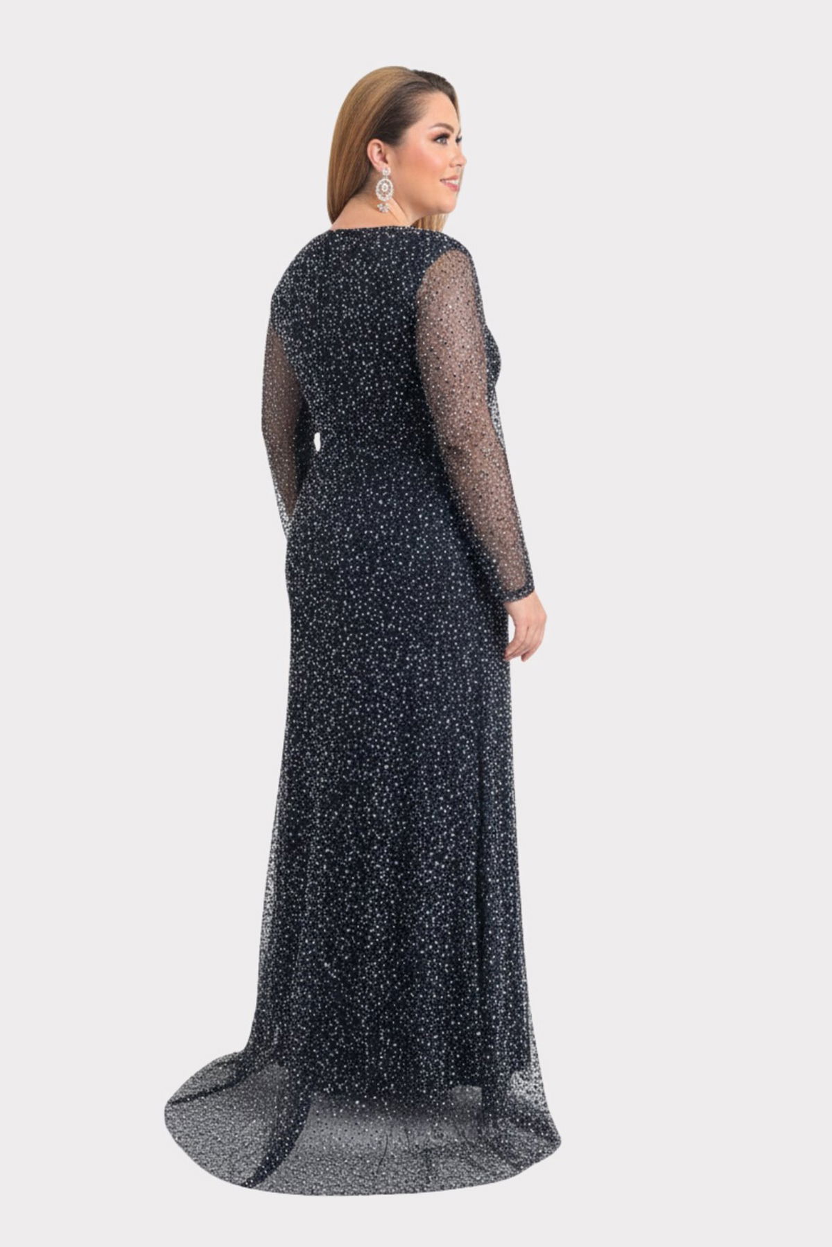 Lilas XXL Kadın Büyük Beden Kalp Yaka Uzun Kollu Abiye Elbise 9471 Siyah - 4