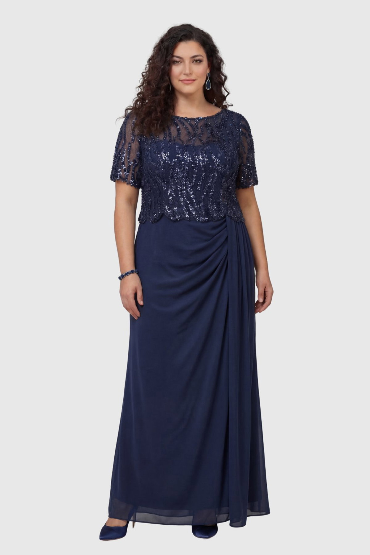 Lilas XXL Kadın Büyük Beden Kısa Kollu Şifon Abiye Elbise 2604 Lacivert - 1