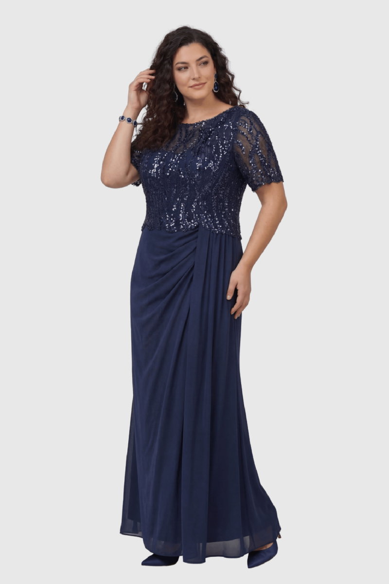 Lilas XXL Kadın Büyük Beden Kısa Kollu Şifon Abiye Elbise 2604 Lacivert - 3