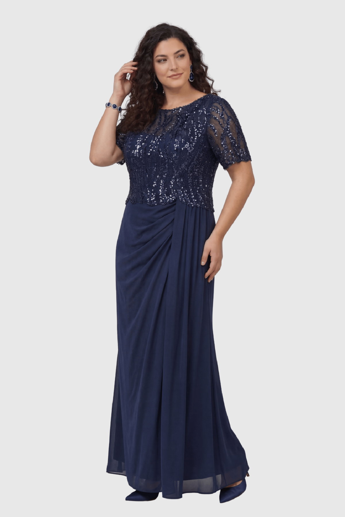 Lilas XXL Kadın Büyük Beden Kısa Kollu Şifon Abiye Elbise 2604 Lacivert - 3