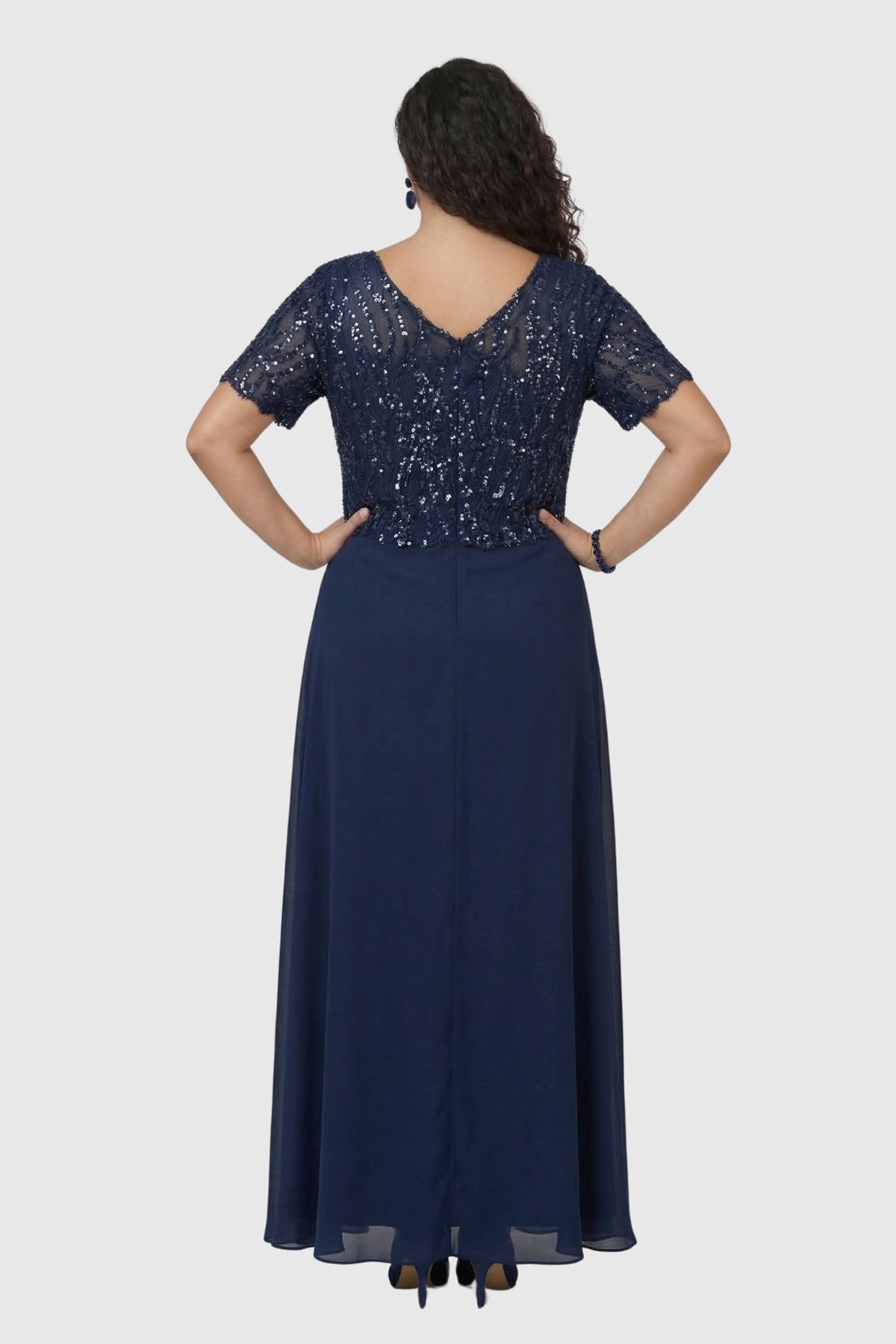 Lilas XXL Kadın Büyük Beden Kısa Kollu Şifon Abiye Elbise 2604 Lacivert - 4