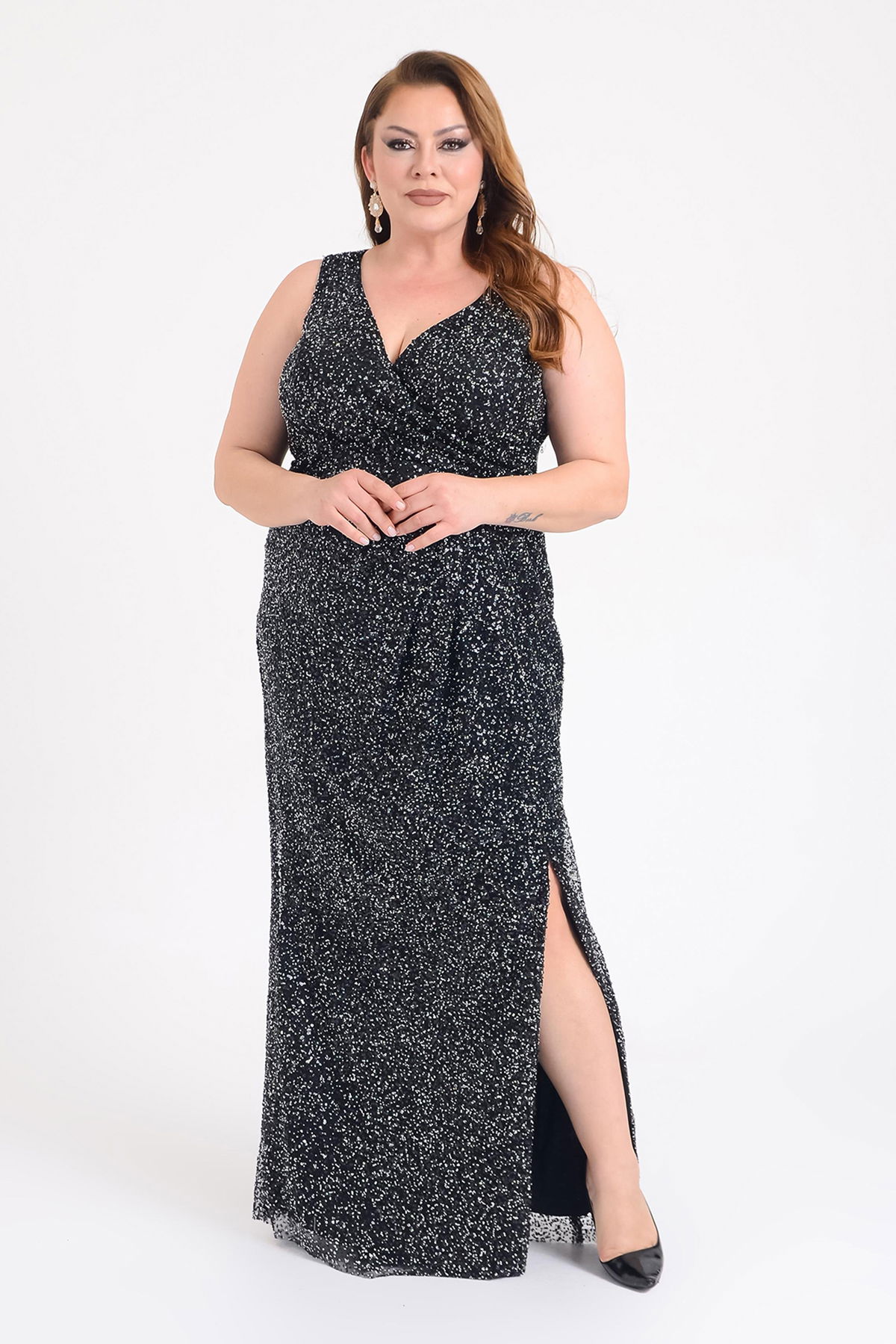 Lilas XXL Kadın Büyük Beden Kruvaze Yaka Full Taş İşlemeli Kolsuz Abiye Elbise 9675 Siyah - 2