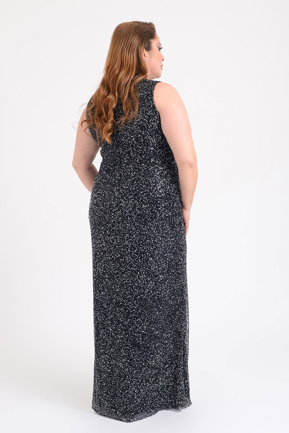 Lilas XXL Kadın Büyük Beden Kruvaze Yaka Full Taş İşlemeli Kolsuz Abiye Elbise 9675 Siyah - 4