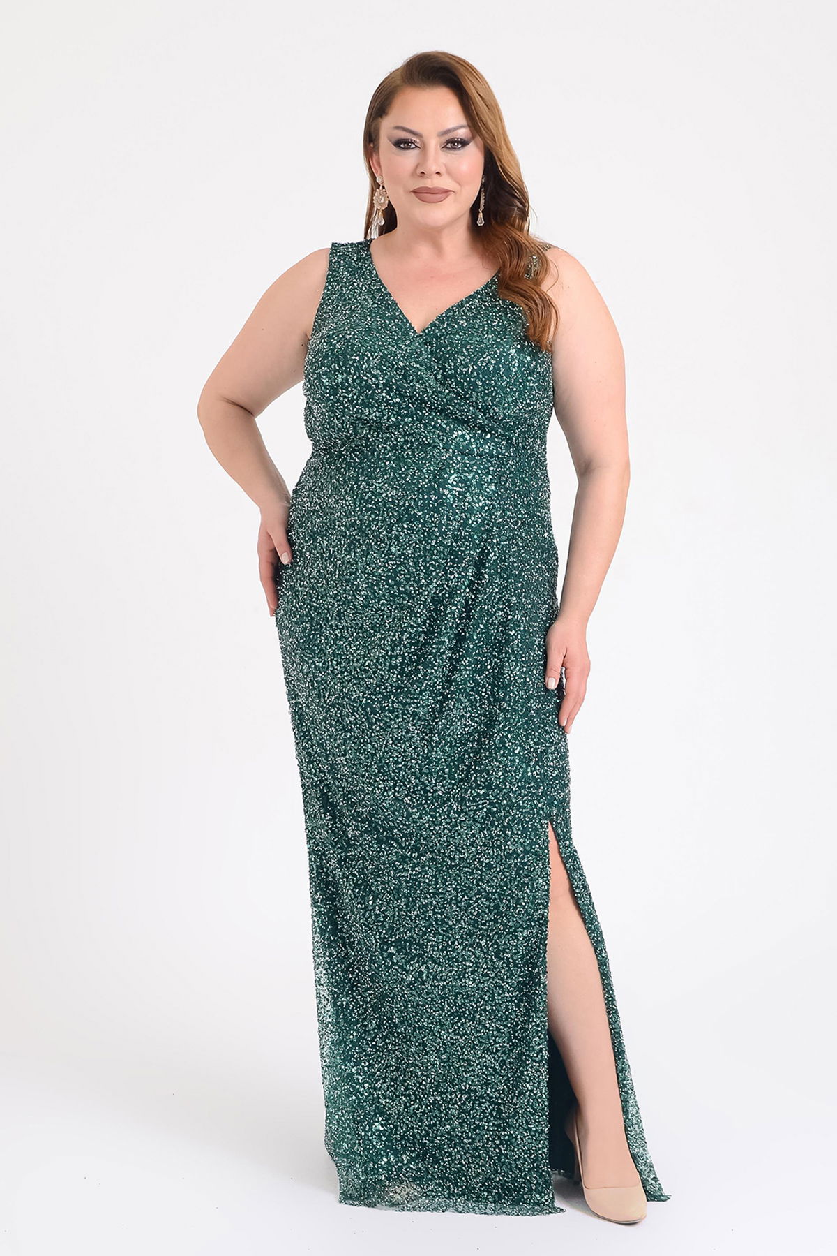 Lilas XXL Kadın Büyük Beden Kruvaze Yaka Full Taş İşlemeli Kolsuz Abiye Elbise 9675 Yeşil - 1